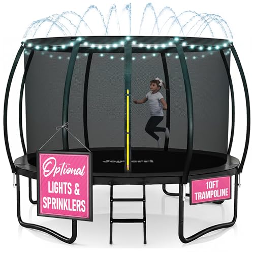JoyBerri Trampoline Outdoor - Upsurge ASTM Certified Safe 8Ft 10Ft 12Ft 14Ft 15Ft 16Ft Recreational Trampoline for Kids and Adults. Anti-Rust Coating with Enclosure Net, Ladder, Sprinkler & LED Lights