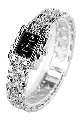 Preisvergleich Produktbild Rosepoem Silberne Schmetterlingsband Damen Quarz Armbanduhren Square Dial Armband Uhr Damenuhr Schwarzes Zifferblatt