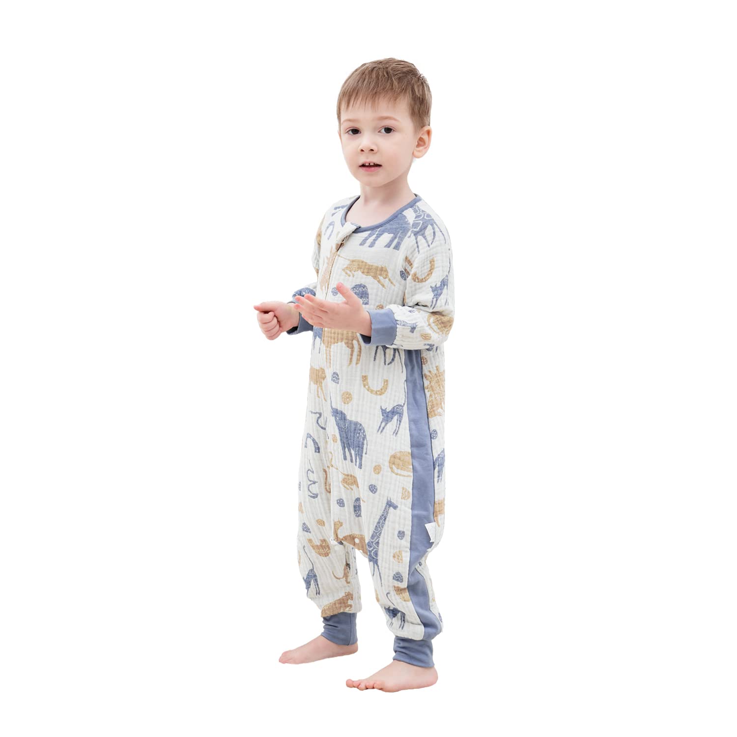 Eahphy Kids Natural Cotton Sleep Suit, Jacquard Muslin with Bamboo Lining 0.8-2.5 TOG (18M – 6Years), 8 Bamboo Long Sleeve Blue Animal Paradise 1.5tog, 5-6 Years