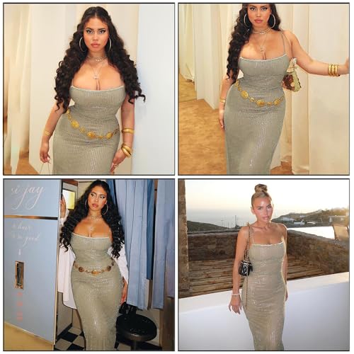 Image of BOLLEY JOSS Women's Sequins Midi Dress Sexy Back Slit Spaghetti Strap Bodycon Long Dress Summer Sparkly Party Dresses