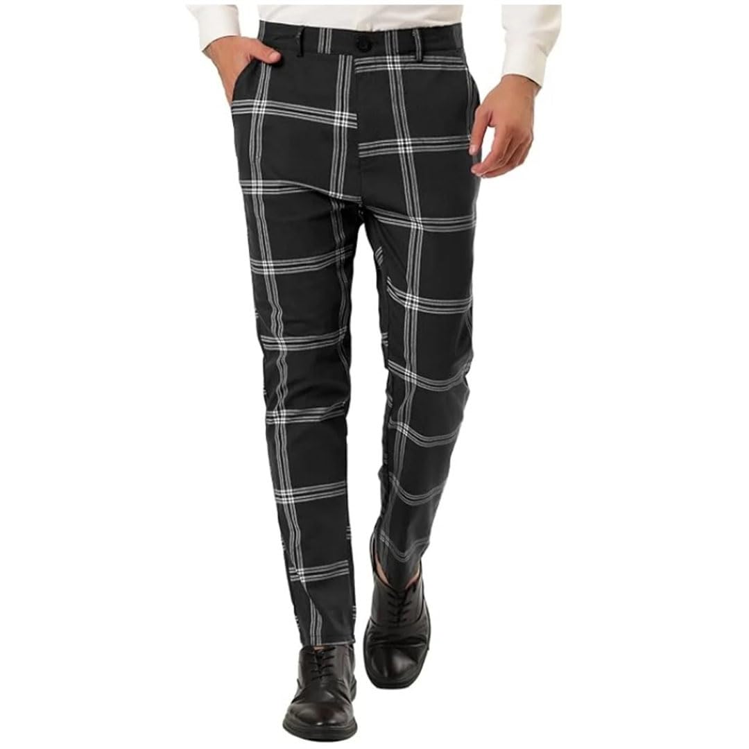 Pantalones de vestir ajustados a cuadros para hombre con parte delantera plana, tela elástica, cintura ajustable, pantalones de negocios