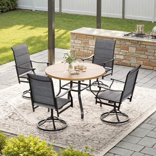 Image of 5-Piece Outdoor Dining Set, Round Patio Dining Table and Chairs Set, 4 x Swivel Patio Chairs and 41 inch Round Outdoor Dining Table with 1.57 inch Umbrella Hole, Wood-Like, Poolside, Backyard, Deck