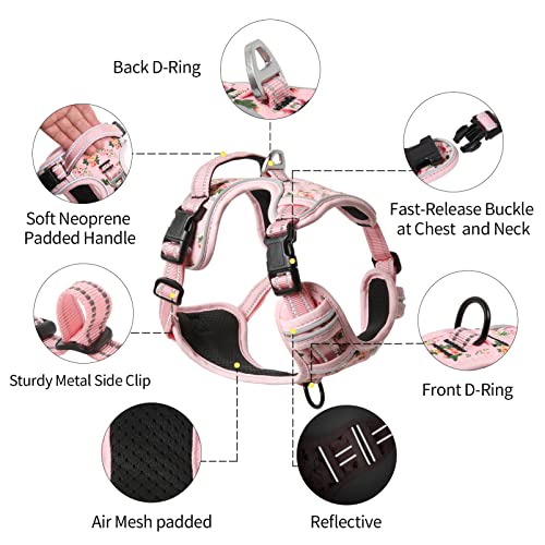 HEELE Hundegeschirr, Zugfestigkeit, reflektierend, mit gepolstertem Griff für mittelgroße Hunde, 1 Schnalle am rechten Halsband, leicht an- und auszuziehen, Blumenmuster, Rosa, M