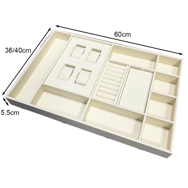 Organizer na biżuterię, do układania w stos, wkładka do szuflady na akcesoria, kolczyki, naszyjnik, zegarek, bransoletka i pierścionki, elegancka gablota (G-60 x 36 x 5,5 cm)