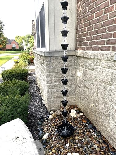 Rain Chains, Roof Gutter Downspout/Spout Channel, Rainwater Water Catcher/Diverter, 8.5 feet Length, Metal, Black Powder Coated, Textured Square Cups with Chain, Modern, 5517BLK-CH - Image 5