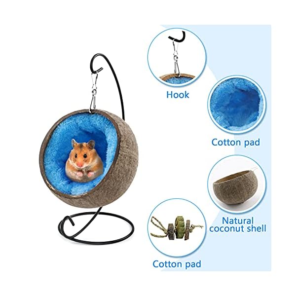 Ranslen natural coconut hamster hideout hammock with molar toy suspension coconut husk hamster bed house with warm pad small animal guinea pigs habitat decor accessories hanging loop (brown) - image 7