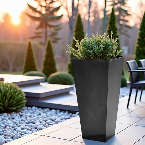 Worth-Garden-28-Large-Metal-Glazed-Planter-Set-of-2-Luxurious-Glossy-Finish-Black-Tall-Square-Tapered-Steel-Plant-Pots-Decor-Flower-Pot-Indoor-Outdoor-Drainage-Hole-Dual-Purpose-Plant-Saucer Worth Garden 28 Large Metal Glazed Planter Set of 2 Luxurious Glossy Finish Black Tall Square Tapered Steel Plant Pots Decor Flower Pot Indoor Outdoor Drainage Hole Dual Purpose Plant Saucer