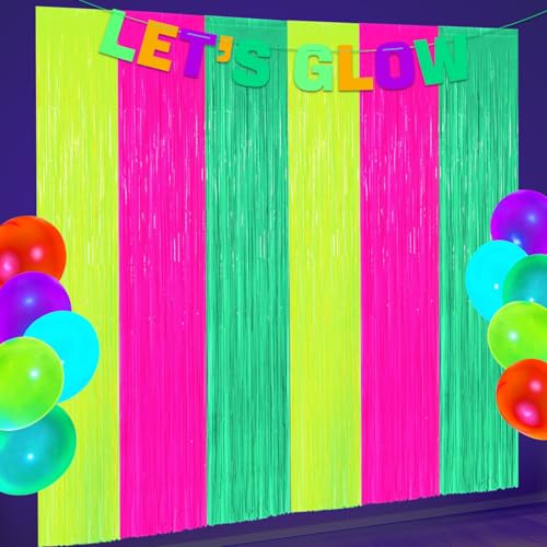 2 Pcs Colorful Fluorescent Foil Fringe Curtain 3.3 x 6.6 Ft Glow in the Dark Party Supplies Party Decor Steamers for Neon Theme Birthday Decorations Photo Backdrop