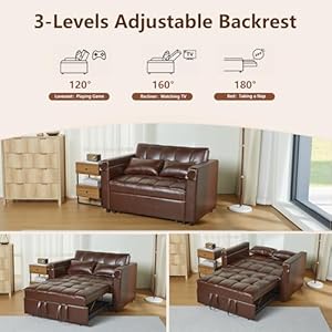 Leather convertible 3 in 1 sleeper sofa bed small upholstered loveseat pull out couch multi functional sleeper futon with hidden table and adjustable backrest for living room brown  urban country home decor
