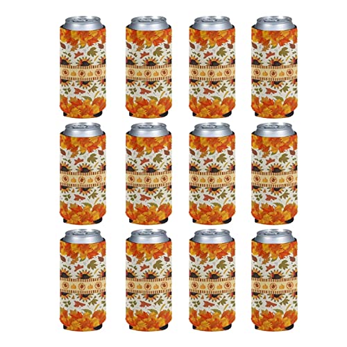 HUGS IDEA 12 Piece Thanksgiving Maple Leaves Can Sleeves 12 oz Fall Party Decoration Festival Thanksgiving Supplies Slim Can Beer Coolers