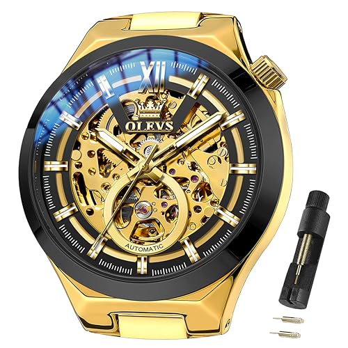 Image of OLEVS Mens Skeleton Watches Automatic Self Winding Mechanical Designer Luxury Dress Stainless Steel Waterproof Original Wrist Watches for Men