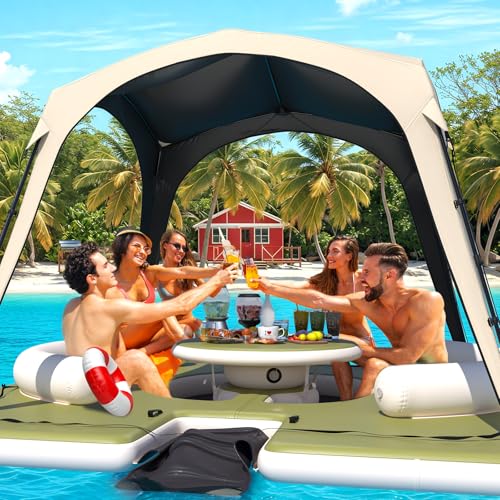 Image of Premium Floating Dock Lounge with Canopy, 11.15ft x 11.15ft Inflatable Water Platform with Ladder, Double Seats, Table & Sunshade, Heavy-Duty PVC for Pool, Lake, Beach