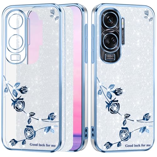 Coque Honor 90 Lite silicone TPU transparent pailleté fleur violette anti-choc