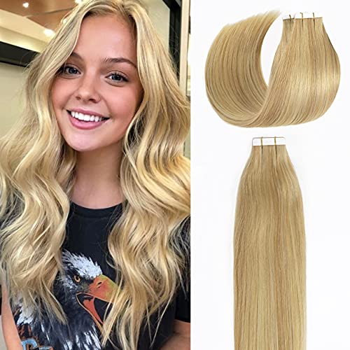 Lacer Natural Real Remy Human Hair Extensions Tape in Ombre 20 Pieces 50 Grams 16Inch P#18/22 Dark Ash Blonde Highlighted Medium Blonde Tape in Skin Weft
