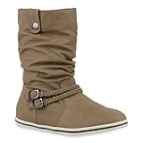 BOOT Bequeme Damen Stiefel Schlupfstiefel Lochungen Flache Boots Leder-Optik Metallic Schuhe 68691 Khaki 36 Flandell