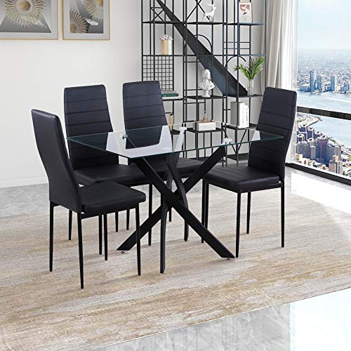 GOLDFAN Table et 4 Chaises Table à Manger en Verre Table Rectangulaire Table Cuisine Salon Table en Verre Chaise en Cuir, Noir