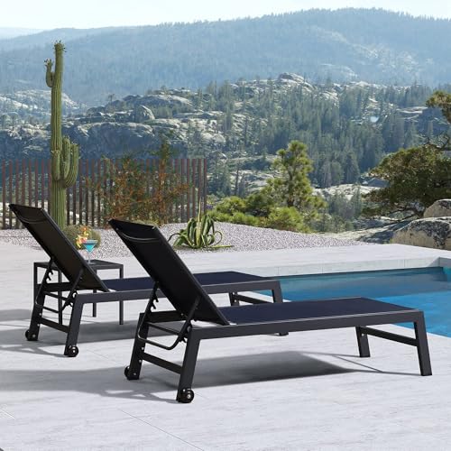 Image of PURPLE LEAF Outdoor Patio Chaise Lounge Set 4 Pieces Pool Lounge Sunbathing Chairs with Wheels Chair for Yard (4 Navy Blue Lounges W /Side Table)