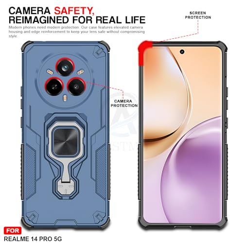 Image of AESTMO Armor Back Cover for Realme 14 Pro 5G | Ring Holder & Kickstand & Camera Protection in-Built | 360 Degree Protection Back Case Cover (Blue)
