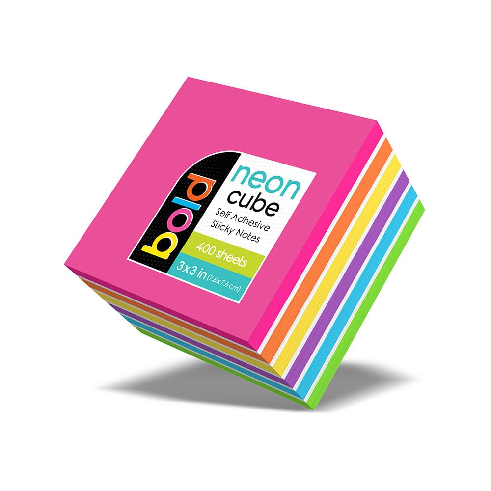iScholar IQ 34003 Cubo de notas adhesivas de neón, 3 x 3 pulgadas, colores surtidos, 400 hojas
