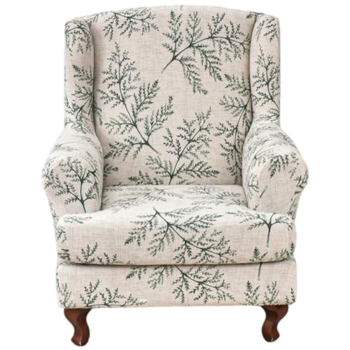 Funda para sillón orejero Fundas elásticas para sillón con respaldo de ala con brazos Funda de lavable con estampado de hojas con parte inferior elástica para sala de estar, dormitorio, hotel