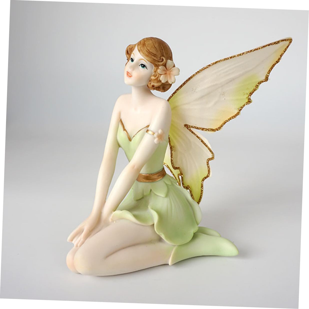 Figura de Ángel Flor Hada de Resina Pintada a Mano, Verde