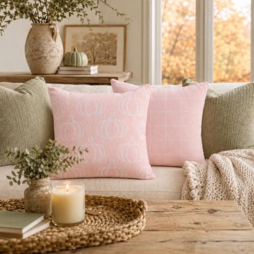 Image of Fall Pumpkin Chenille Pillow Covers,Autumn Decor (Pink,20x20) | Double-sided pumpkin and plaid designs, thick chenille texture, hidden zipper, for couch, sofa, bed, farmhouse autumn decor