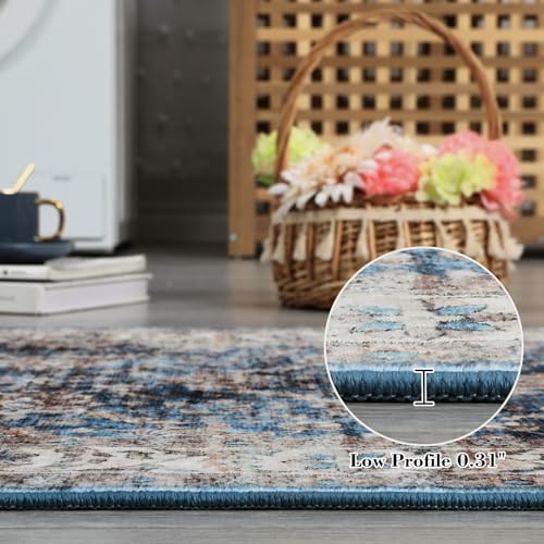 GarveeHome Vintage Rug 3x5 Floral Print Area Rug for Living Room Washable Non Slip Farmhouse Distressed Indoor Carpet Foldable Low Pile Soft Accent Throw Rug for Bedroom Home Nursery, Blue