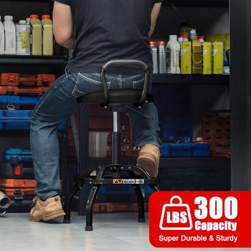 Image of Garage Stool, Adjustable Height Swivel Work Mechanic Shop Stool with Backrest, Pneumatic Shop Chair for Home, Workshop, 300 LBS Capacity, 360 Rotation, Heavy Duty, Black