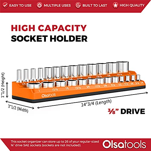Image of Olsa Tools Magnetic Socket Organizer - 3 /8-Inch Drive SAE Socket Holder with Strong Magnets - Professional Tool Holder and Organizer - Stores up to 26 Sockets - Orange - Part: 1291