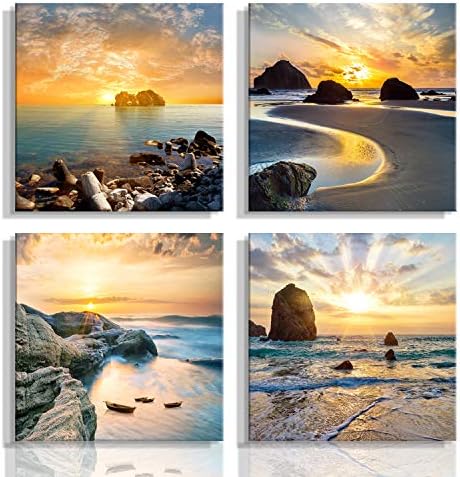 Art Romantic Sea Water Sunset Print Decorative Beach Modern Seascape Paintings on Canvas Wall Artwork for Living Room Bedroom Home Office Decorations 4 Panels Stretched Canvas Prints (Seaview)