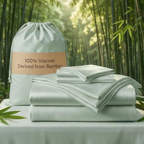 Image of Real 100% Viscose Derived from Bamboo Sheets Set King Size, Cooling & Silky Soft for Hot Sleeper, Luxury with Breathable & Moisture Wicking Fabric, 18 inch Deep Pocket with Corner Straps (Sea Glass, King)