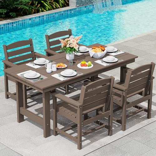 SERWALL Outdoor Dining Sets for 4, Outdoor HDPE Dining Furniture Set with Umbrella Hole Cut-Out Table and 4 Chairs, All Weather Dining Set, Coffee SERWALL Outdoor Dining Sets for 4, Outdoor HDPE Dining Furniture Set with Umbrella Hole Cut-Out Table and 4 Chairs, All Weather Dining Set, Coffee