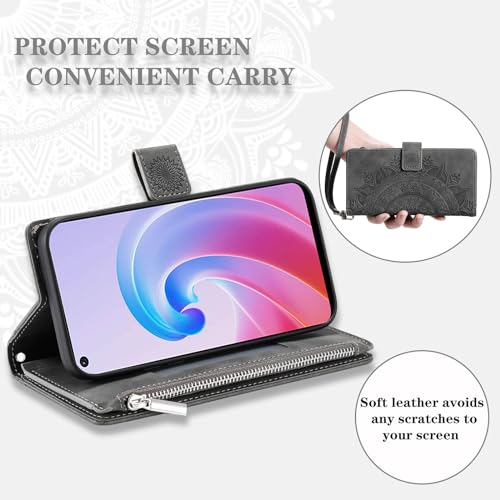Phone Case for OPPO Realme 9i 4G/A76 4G/A96 4G/A36 4G Wallet Cover With Tempered Glass Screen Protector and Wrist Strap Mandala Flower Leather Flip Zipper Credit Card Holder Stand Cell Women Grey - Image 3