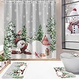 Christmas Shower Curtain Sets 4pcs Winter Snowman Pine Tree Bathroom Decor Set with Showe Curtain Rugs Toilet Lid Cover, Xmas Tree Holiday Bath Curtain with 12 Hooks (Gray, 71' L x 71' W)