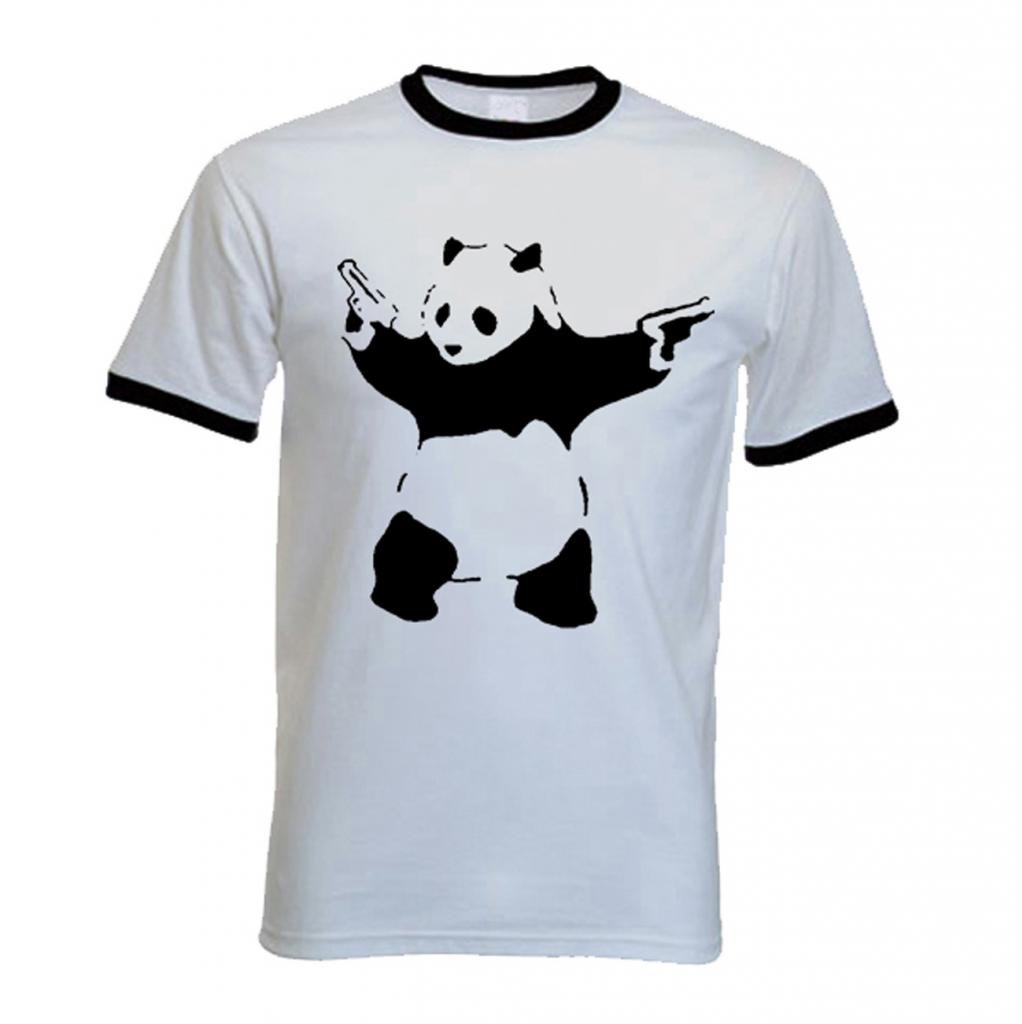 Banksy Panda Mens Ringer T-Shirt (Large, White)