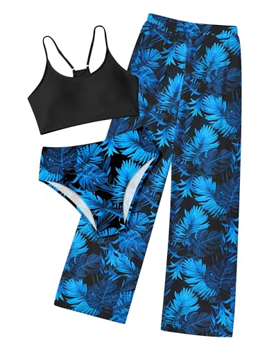 Image of NECIOUS Girls Swimsuit, 3 Piece Bikini Bathing Suit Tropical Floral Swimwear with Cover Up Pants 7-16Y