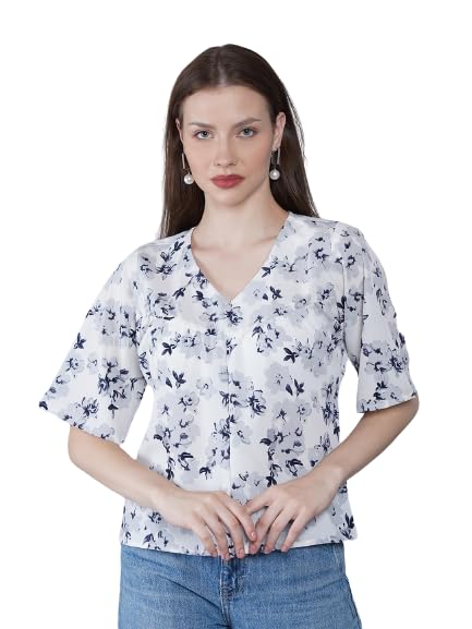 Women's & Girl's Casual V Neck Solid Printed Top with Half Sleeves Foral Top - White-image-34