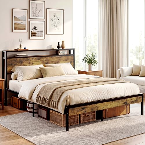 Image of LIKIMIO Queen Bed Frame with 2-Tier Storage Shelf Headboard | Dark Wood Platform Bed, Camas Queen with Strong Metal Supports, Sturdy, Noise-Free, No Box Spring Needed, Brown