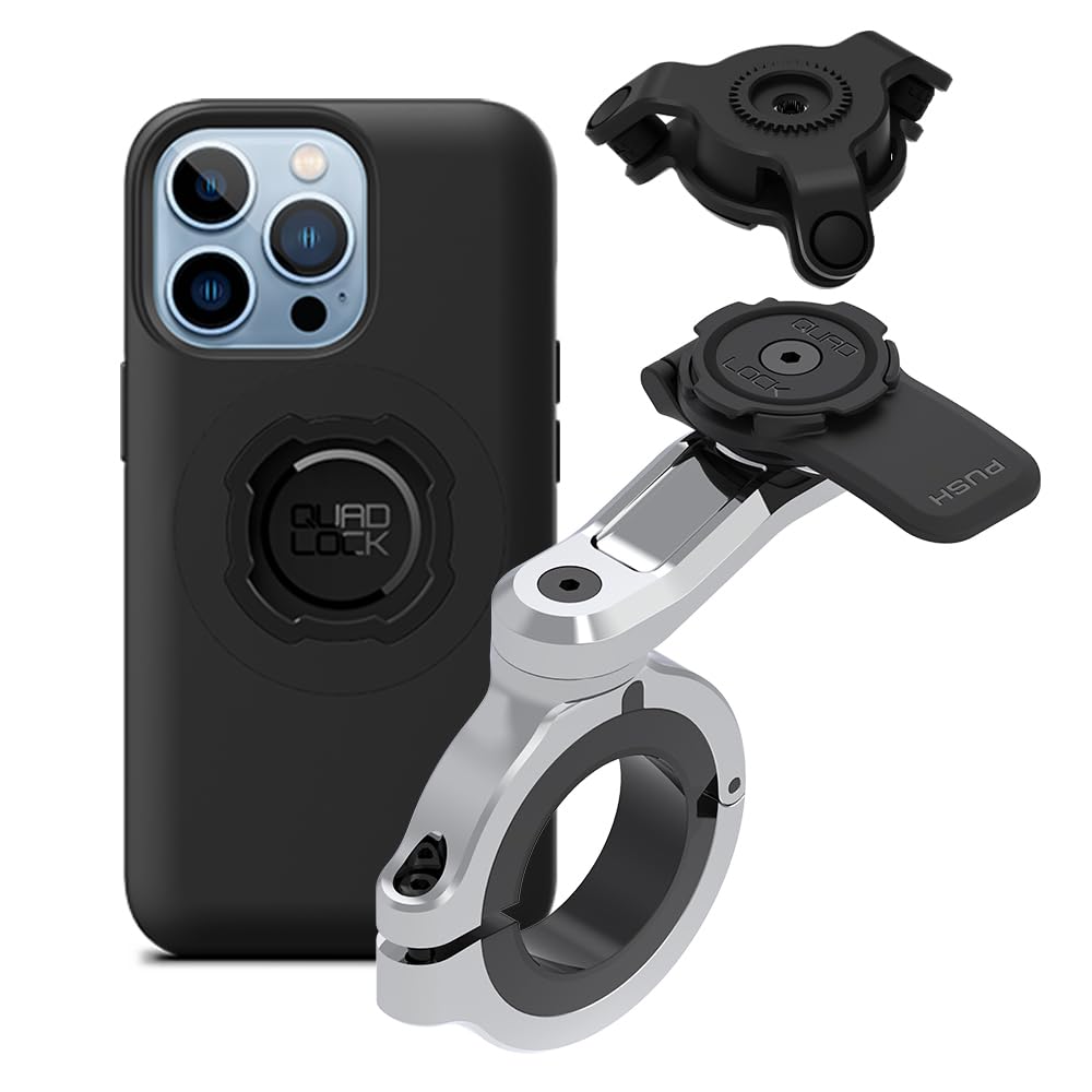 Quad Lock Motorcycle Handlebar Phone Mount PRO Chrome - Large with Vibration Dampener and MAG Phone Case for iPhone 13 Pro