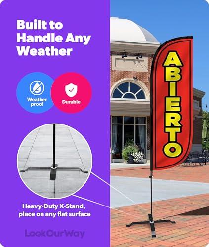 Image of LookOurWay Feather Flag Set - 5ft Tall Advertising Banner Flag with Pole Kit and X-Stand for Business Promotion - Abierto