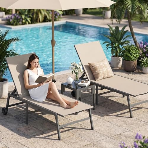 UDPATIO 3 Piece Outdoor Lounge Chair Set 2 Adjustable Textilene Chaise Lounges with Wheels & Side...