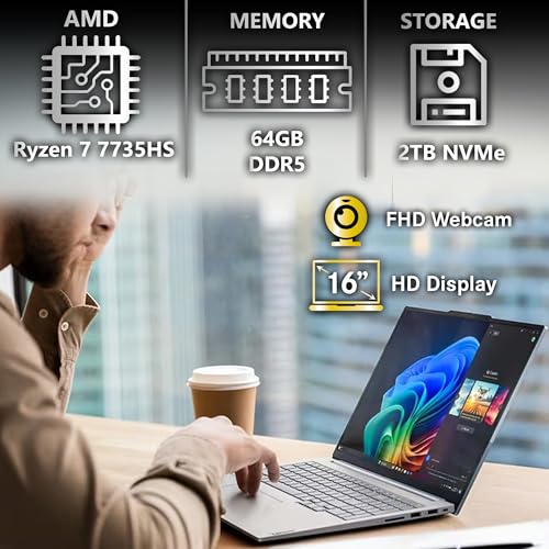 Image of Lenovo ThinkBook 16 G7 Business Laptop, 16 inch FHD+, AMD Ryzen 7 7735HS, 64GB DDR5, 2TB NVMe, WiFi 6E + BT, Backlit KB, Fingerprint Reader, HD Webcam, Win 11 Pro