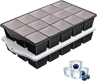 Ice Cube Trays for Freezer, 2 Pack Easy Release Slicone Ice Cube Tray with Lid, BPA Free Stackable Flexible Ice Molds 15 Square Reusable Ice Cubes for Whiskey, Baby Food, Iced Coffee (Black)