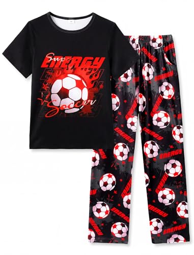 Mikrdoo Boys Pajamas 2 Piece Short Sleeve and Pants Pjs Set Soft Comfortable Lightweight Black & Red Soccer Boys Sleepwear Size 10 Years