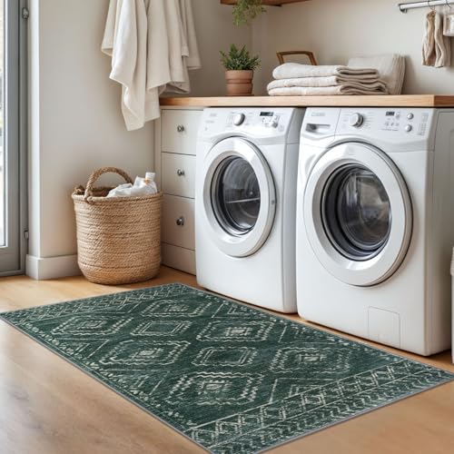 KILOCOCO Boho Entryway Rug 3x5 Area Rug Washable Non Slip Throw Rugs Soft for Kitchen Living Room Dining Bedroom Geometric Moroccan Carpet, Green
