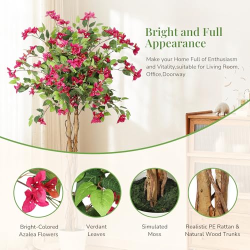 GarveeHome 5FT Artificial Bougainvillea Tree, Tall Potted Artificial Plants Indoor, Faux Tree with Wood Trunk and Pink Flowers for Outdoor