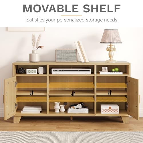 DWVO Rattan TV Stand for TVs up to 65 Inch, Entertainment Center with Rattan Door, Boho Media Console with Adjustable Shelf, 1 Solid Wood Feet, TV Stands for Living Room
