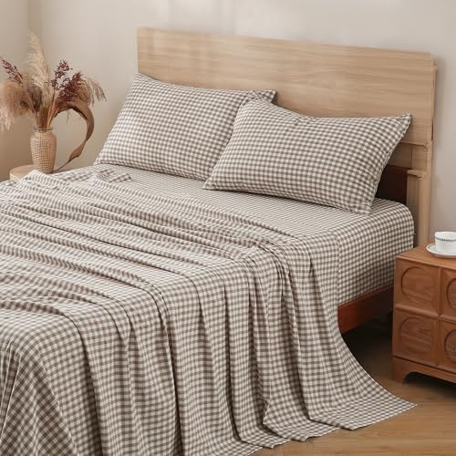 TOCOMOA Tan Gingham Sheets Bedding Set 100% Washed Cotton Like Linen Feel Breathable Soft Comfy 4-Piece Brown Plaid Checkered Fall Bed Sheet Set with 17 Deep Pocket Cute Aesthetic Queen