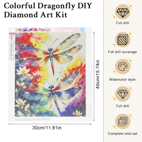 Image of HASTHIP DIY Diamond Painting Kit, Colorful Dragonfly DIY Diamond Art Canvas with Resin Rhinestones, Watercolor Floral Full Drill Craft Set, Sparkling Wall Decor Handmade Gift Kit, 40x30cm, No Frame