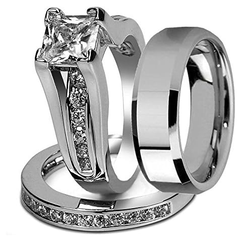 Marimor Jewelry His and Hers Stainless Steel Princess Wedding Ring Set and Beveled Edge Wedding Band Women's Size 07 Men's 08mm Size 09 Cover